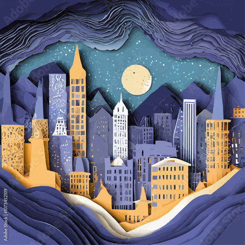 Ville nocturne illuminée avec ciel étoilé et montagnes en découpage de papier
