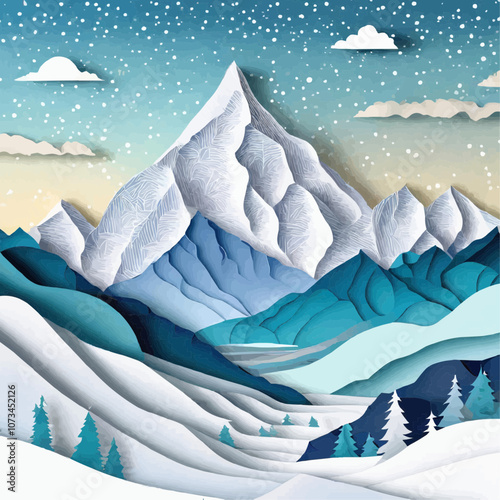 Montagnes enneigées avec sapins et ciel étoilé en découpage de papier
