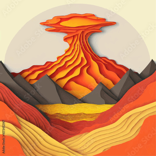 Nuage de cendres au-dessus du volcan en éruption en découpage de papier
