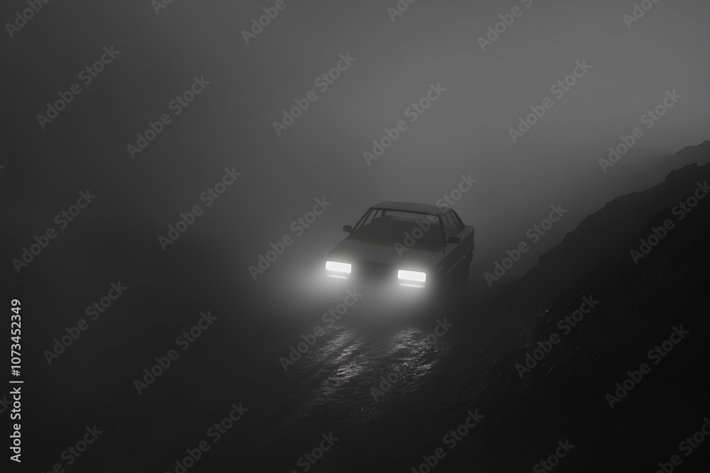 A car on a foggy road at dawn. A car on a foggy road at dawn.