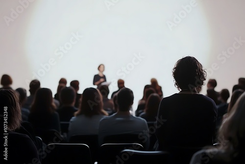A speaker addresses an audience in a dimly lit room, with attendees focused on the presentation against a bright backdrop.