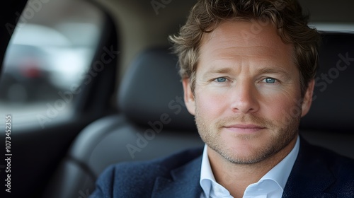 Business executive working on a laptop in the backseat of a private car, in business attire