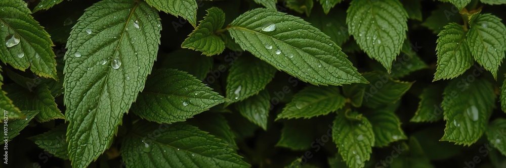 Close-up shot of lush green foliage texture with dew drops, natural, fresh, greenery Close-up shot of lush green foliage texture with dew drops, natural, fresh, greenery