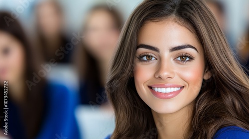 Wallpaper Mural Woman with brown hair and brown eyes is smiling. She is wearing a blue shirt. The image is of a group of people, but the woman is the main focus Torontodigital.ca