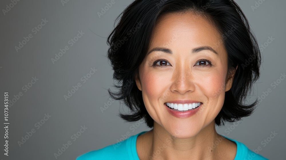 Woman with a short haircut and a blue shirt is smiling. She has a white smile and her eyes are closed Woman with a short haircut and a blue shirt is smiling. She has a white smile and her eyes are closed