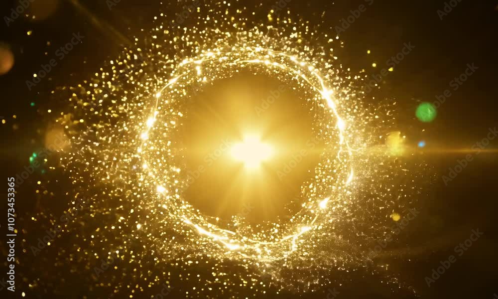 Golden glitter circle with sparkling light shine. Gold glittering ring, magic shimmer glow, bright light sparks with bokeh effect