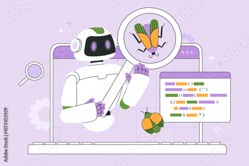 Artificial intelligence fix bugs, search for viruses and checks code. Software testing, QA concept. AI in quality assurance, robot tester with magnifying glass. Vector illustration isolated background