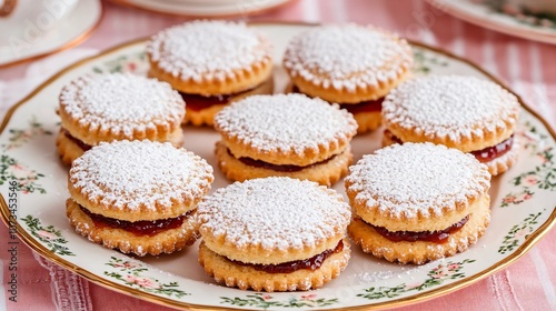 Austrian linzer cookies with jam filling, dusted with powdered sugar on a festive plate