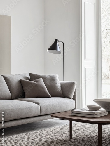 Modern Living Room with Grey Sofa, Wooden Coffee Table, and Floor Lamp