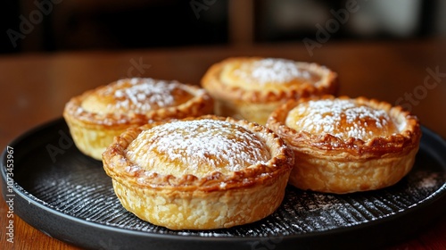 British mince pies with golden, flaky crusts and rich filling, garnished with a dusting of powdered sugar