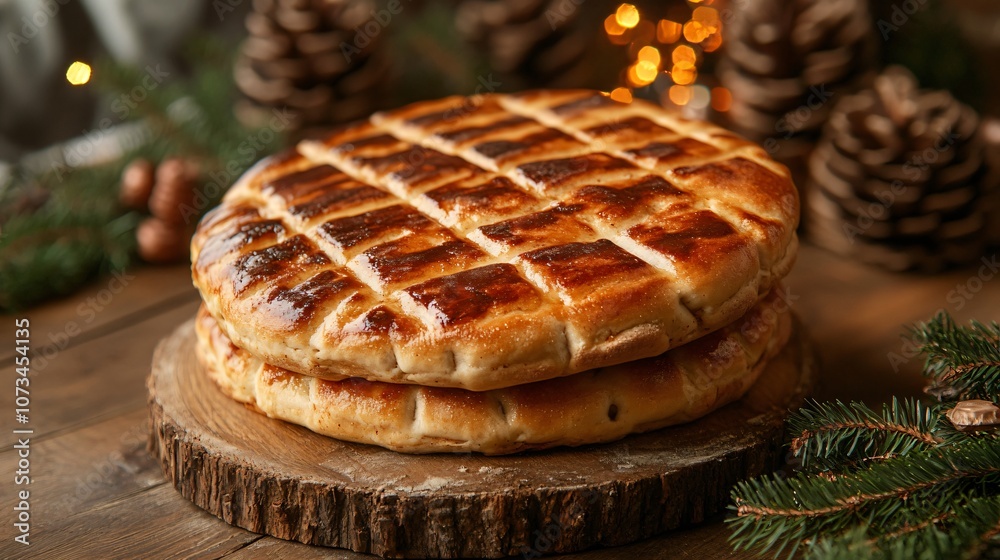 Bulgarian koledna pitka bread with a cross pattern, presented in a warm holiday setting Bulgarian koledna pitka bread with a cross pattern, presented in a warm holiday setting