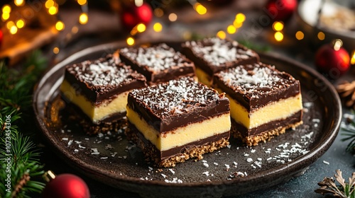 Canadian Nanaimo bars with chocolate, custard, and coconut layers, cut into squares and displayed with festive lights