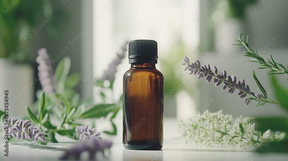 A glass bottle of essential oil with lavender and rosemary sprigs on a white surface. A glass bottle of essential oil with lavender and rosemary sprigs on a white surface.