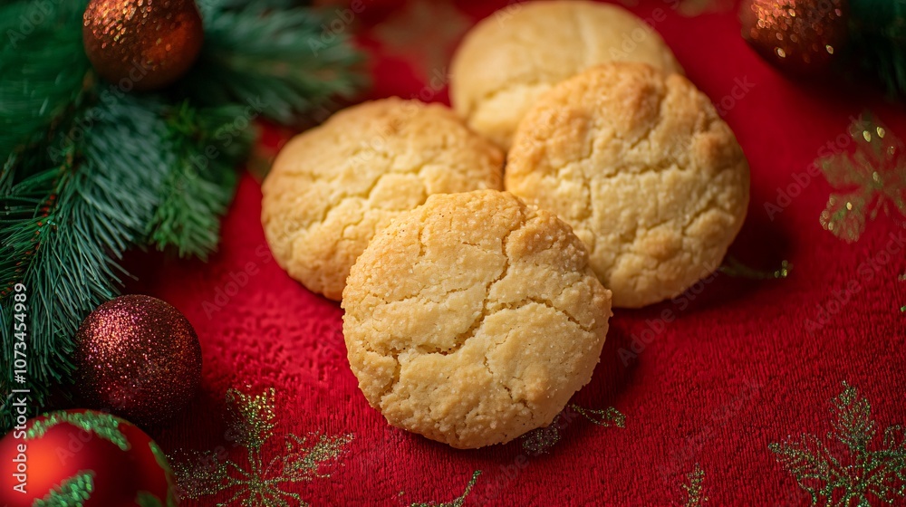 Cuban torticas de moron cookies with a crumbly texture, arranged on a red and green festive background Cuban torticas de moron cookies with a crumbly texture, arranged on a red and green festive background