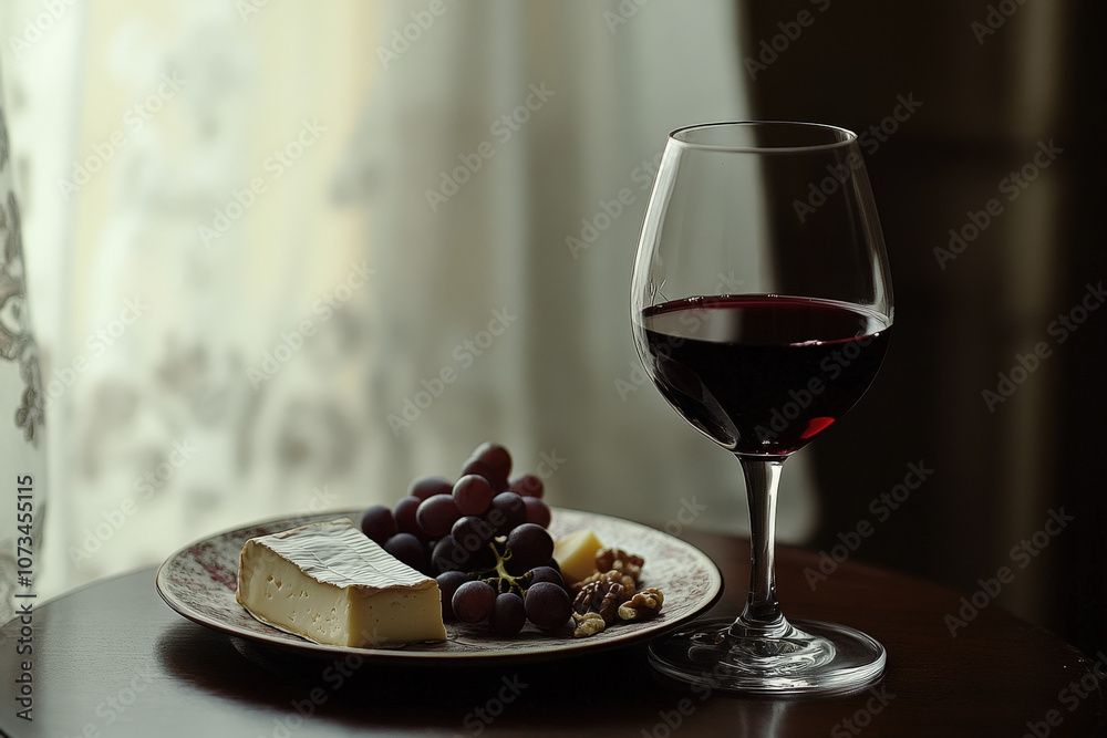 Elegant Still Life with Wine, Cheese, and Grapes Elegant Still Life with Wine, Cheese, and Grapes