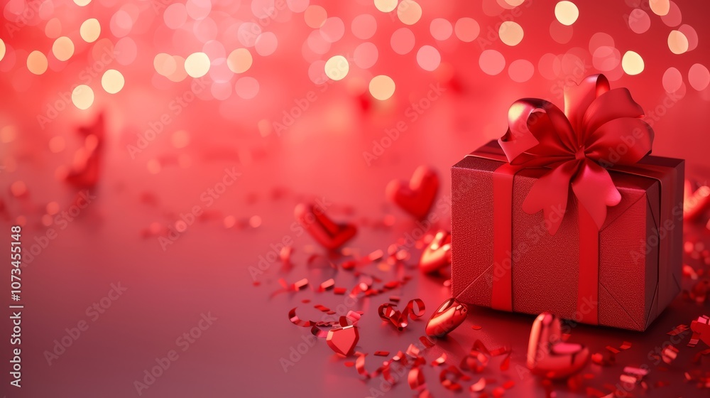 Fototapeta premium A Dazzling Display of Love: A Red Box with a Satin Bow and Hearts