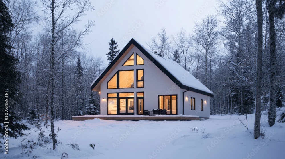 Modern Cabin with Illuminated Windows in Snowy Forest Modern Cabin with Illuminated Windows in Snowy Forest