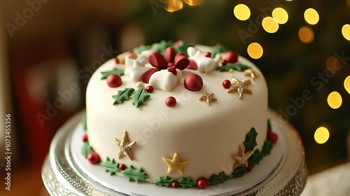 English Christmas cake with marzipan and fondant, adorned with small festive decorations