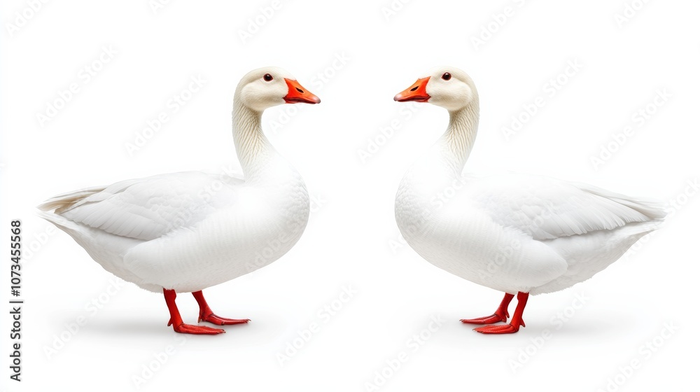 Two white ducks standing next to each other. One is facing the camera and the other is facing away Two white ducks standing next to each other. One is facing the camera and the other is facing away