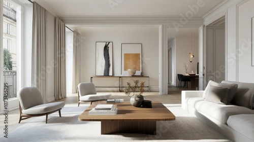 A Modern Living Room with White Walls, Beige Curtains, and a Wooden Coffee Table