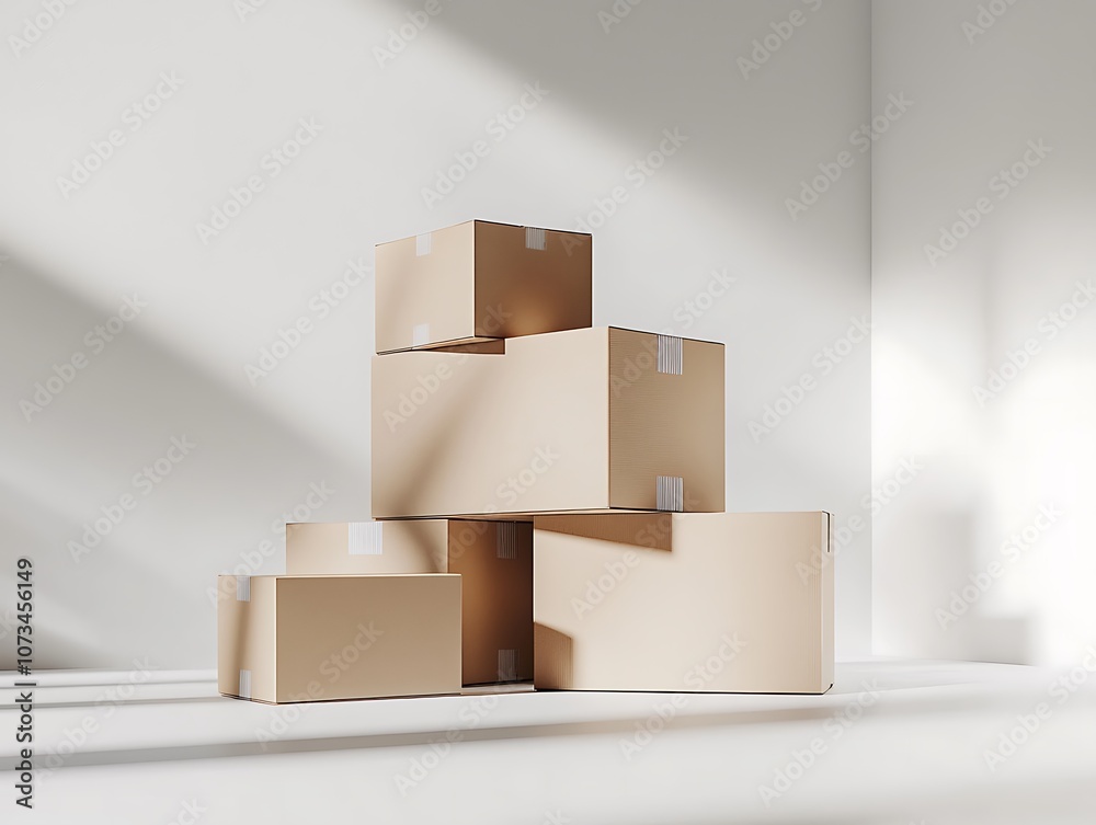 A stack of minimalist cardboard boxes arranged aesthetically in a bright, softly lit room. A stack of minimalist cardboard boxes arranged aesthetically in a bright, softly lit room.