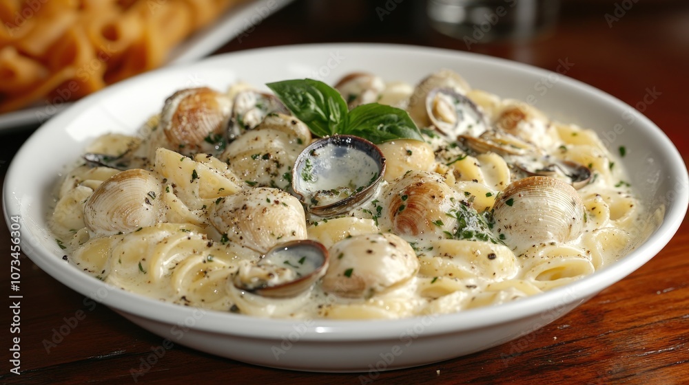 Closeup of a plate of creamy clam pasta with basil garnish. Closeup of a plate of creamy clam pasta with basil garnish.