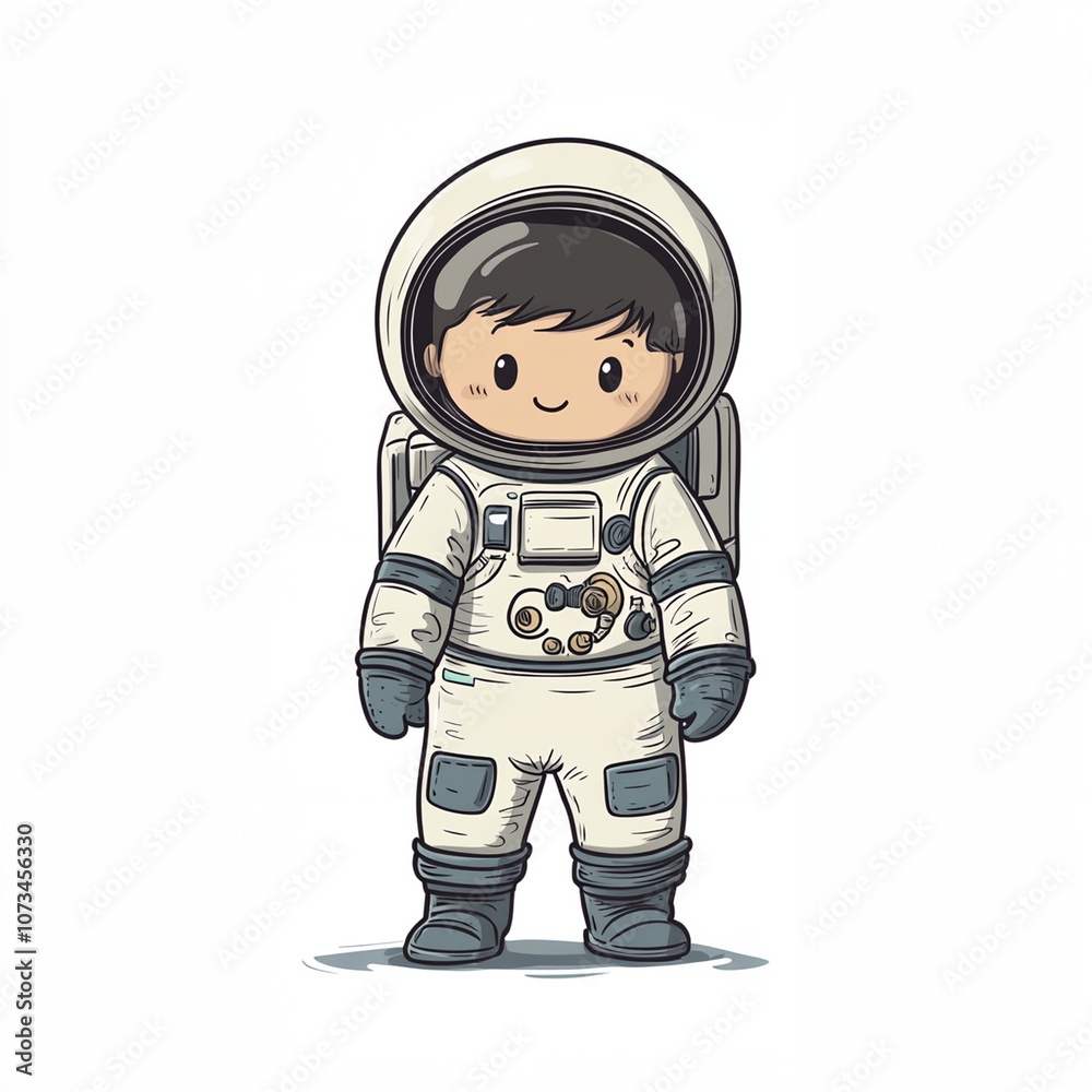A cartoon astronaut is standing in a white space suit. He is smiling and looking up at the camera A cartoon astronaut is standing in a white space suit. He is smiling and looking up at the camera