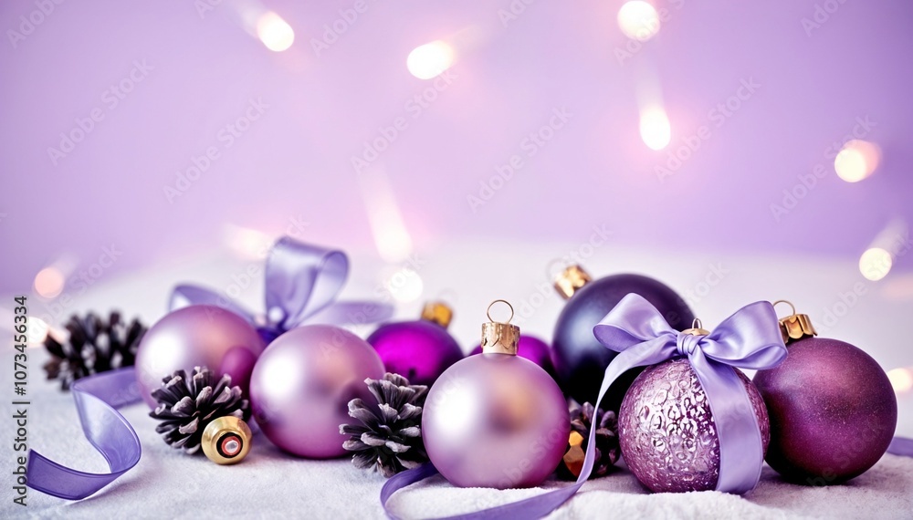 Luxurious and chic purple ornaments, paired with satin ribbons and natural pinecones, for a festive and modern holiday decor that exudes elegance and warmth. Luxurious and chic purple ornaments, paired with satin ribbons and natural pinecones, for a festive and modern holiday decor that exudes elegance and warmth.