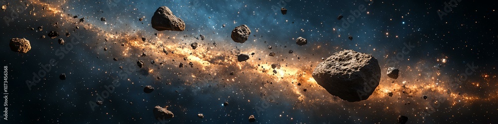 A space scene with a large number of rocks and debris. The rocks are scattered throughout the scene, with some closer to the foreground and others further away. Scene is one of chaos and destruction A space scene with a large number of rocks and debris. The rocks are scattered throughout the scene, with some closer to the foreground and others further away. Scene is one of chaos and destruction