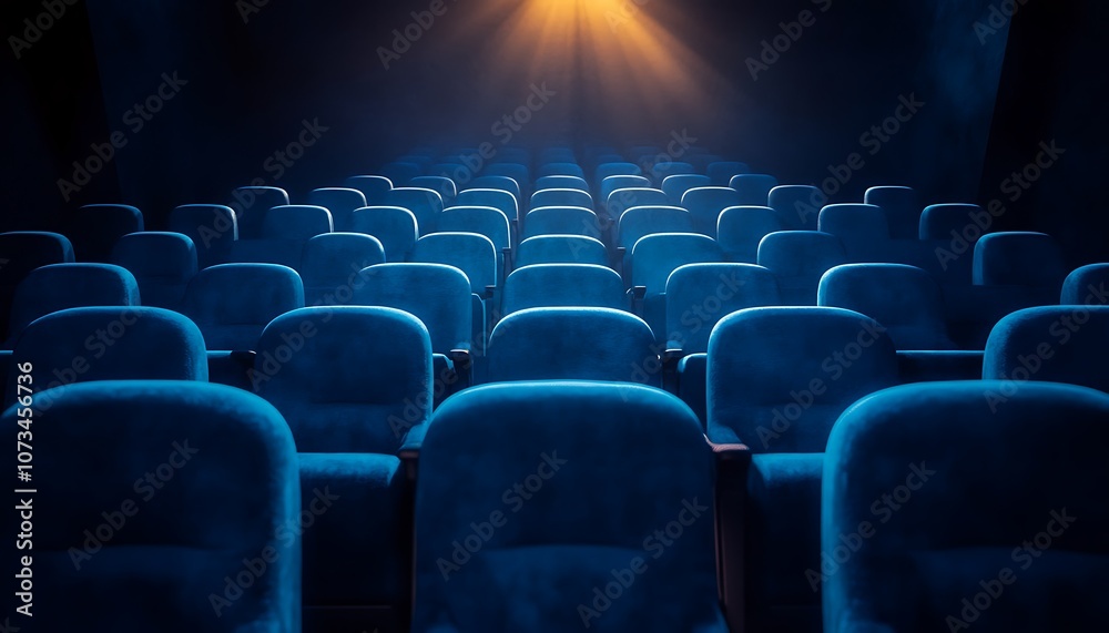 A dimly lit theater with rows of blue seats, creating an inviting atmosphere for viewing. A dimly lit theater with rows of blue seats, creating an inviting atmosphere for viewing.