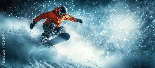 A snowboarder in an orange jacket and helmet leaps through the air, kicking up a spray of snow against a dark blue sky with white snow falling.