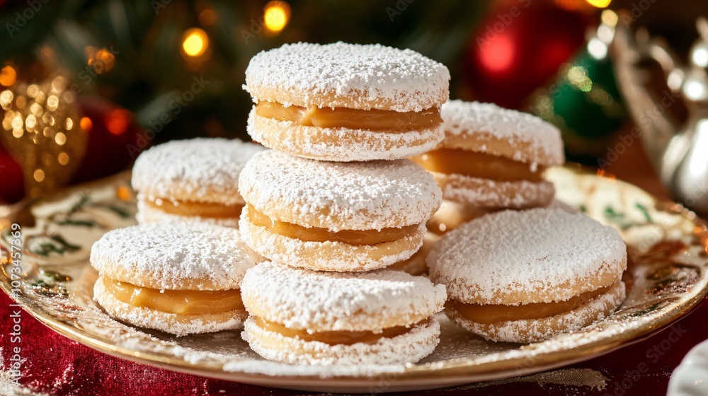 Peruvian alfajores with dulce de leche filling and powdered sugar, stacked on a holiday plate