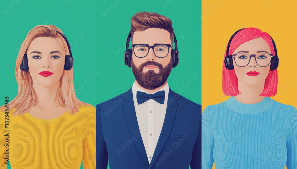 Three stylized portraits of individuals wearing headphones, featuring diverse hair colors and styles against vibrant backgrounds.