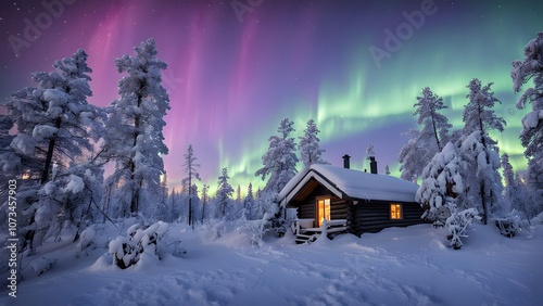 Finland a winter cabin retreat in the finnish lapland with reindeer grazing nearby a snowy forest, Ai Generated