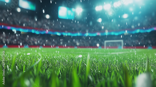 Close-up view from the soccer field of a large, packed stadium filled with cheering spectators