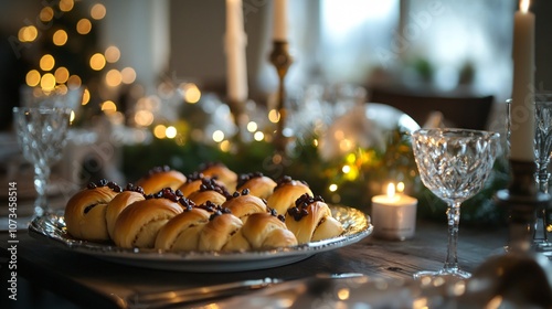 Swedish saffron buns (Lussekatter) with delicate twists and raisins, served on a rustic holiday table with candlelight photo