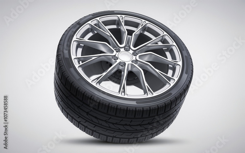 A single car wheel and tire with a sleek, multi-spoke alloy design and shiny metallic finish displayed on a plain white background. Ideal for car accessories, car enthusiasts and tire retailers