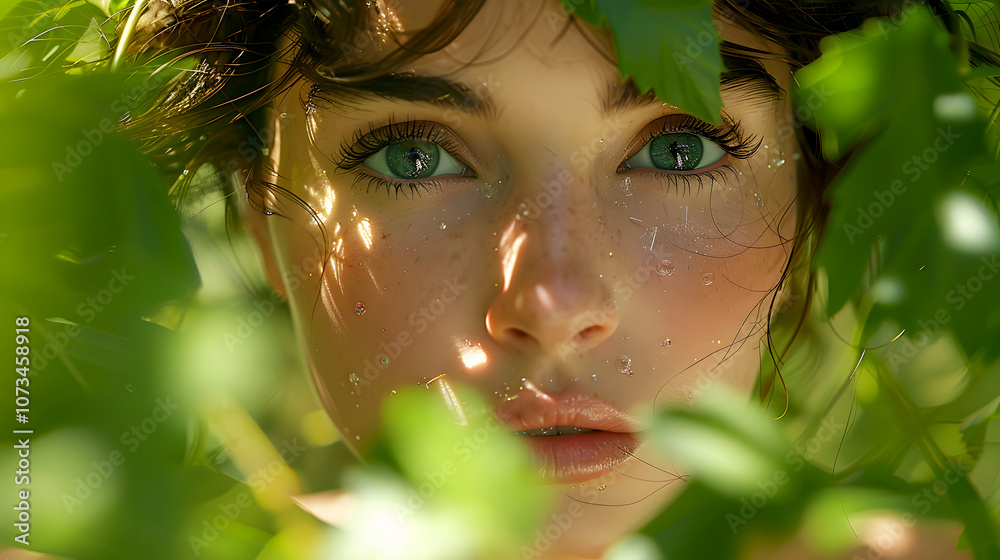 Intimate Close-Up of Woman Surrounded by Greenery Intimate Close-Up of Woman Surrounded by Greenery
