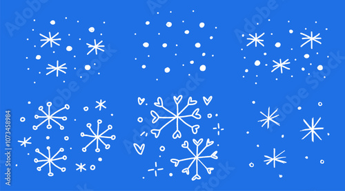 Whimsical handdrawn snowflake and winter decor set with cute, retro doodles, snow symbols, and ice crystals. Vector sketch Christmas elements collection.