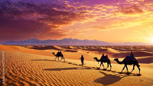 Camel caravan crossing desert dunes at sunset with a purple-orange sky V5