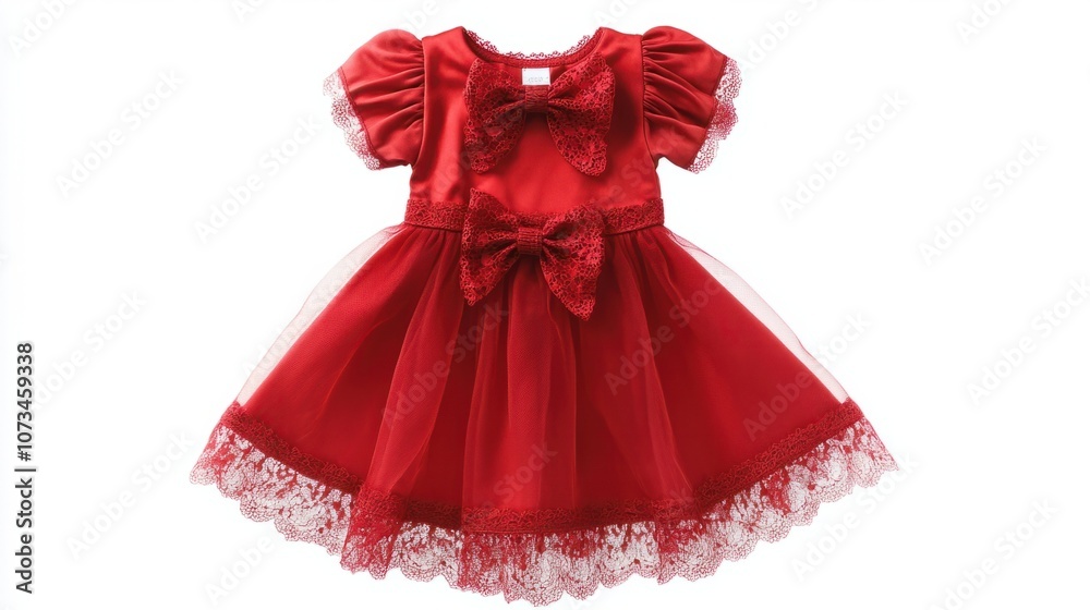 Sweet red baby dress with lace details and bow, isolated on white background Sweet red baby dress with lace details and bow, isolated on white background