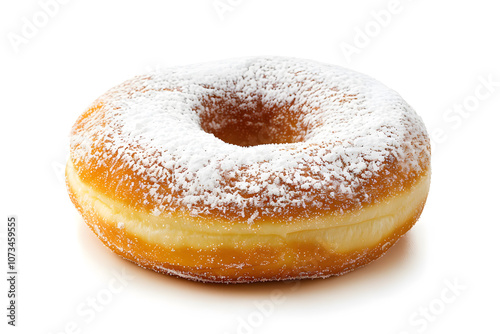 Classic donut with thick powdered sugar coating isolated on white background