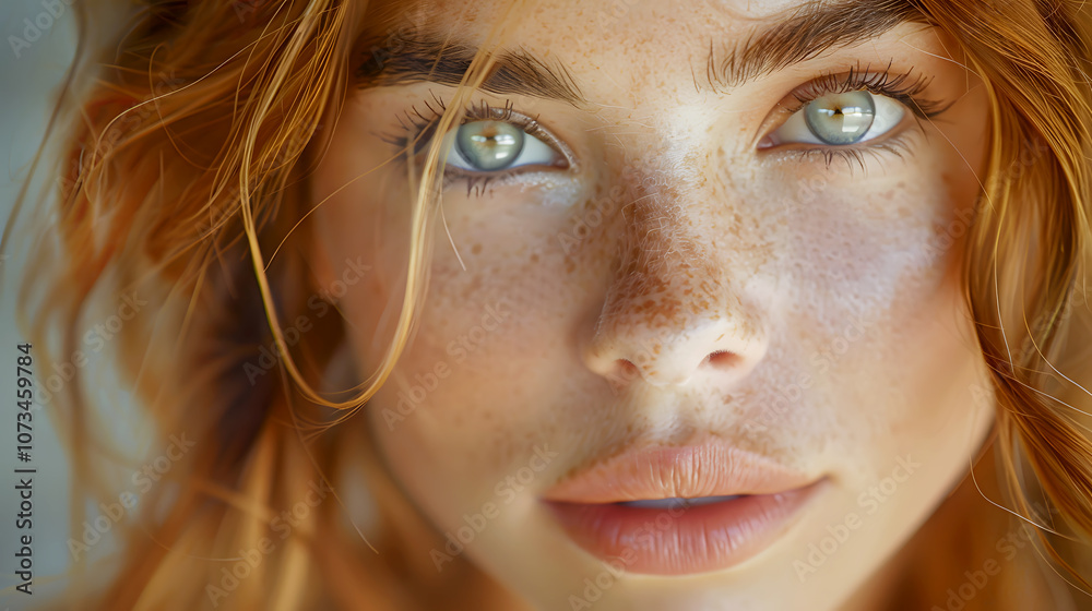 Close-Up of a Young Woman with Freckles and Green Eyes