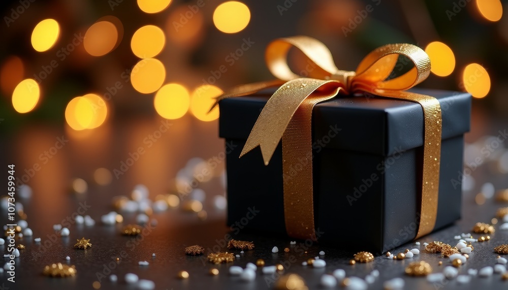 Black gift box with a gold ribbon on the table surrounded by decorative lights in the background