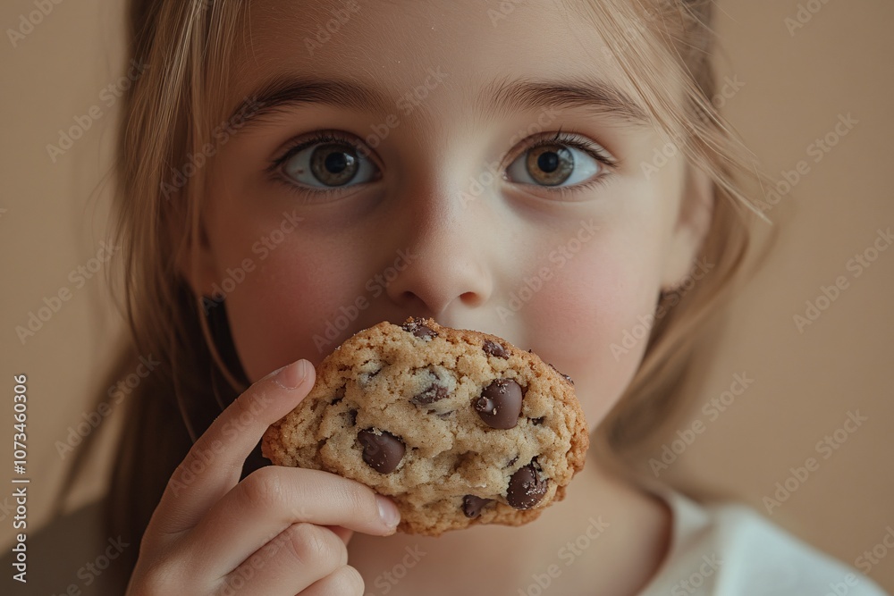 Young girl enjoying a chocolate chip cookie with a delighted expression indoors during the afternoon Young girl enjoying a chocolate chip cookie with a delighted expression indoors during the afternoon