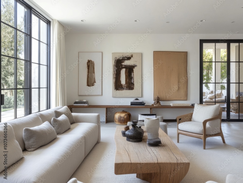 Modern Living Room with White Sofa, Wooden Coffee Table, and Abstract Artwork Modern Living Room with White Sofa, Wooden Coffee Table, and Abstract Artwork