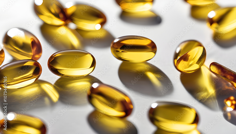 A clear glass bottle filled with fish oil capsules, glowing golden against the white background A clear glass bottle filled with fish oil capsules, glowing golden against the white background