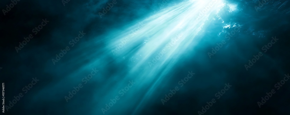 Ethereal light beams penetrating dark waters, creating a serene underwater atmosphere. Ethereal light beams penetrating dark waters, creating a serene underwater atmosphere.