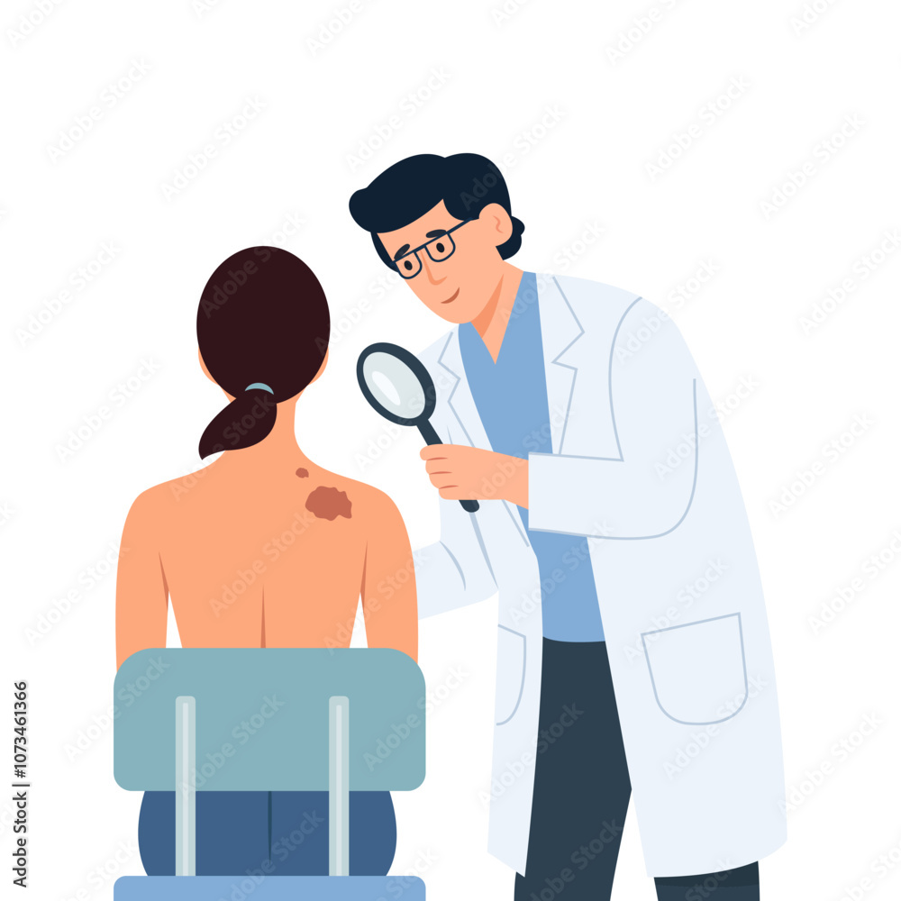 Fototapeta premium Doctor with magnifying glass in hand examine woman skin and find melanoma in form of mole. Skin Cancer concept.Oncology or dermatological problems. Vector Illustration