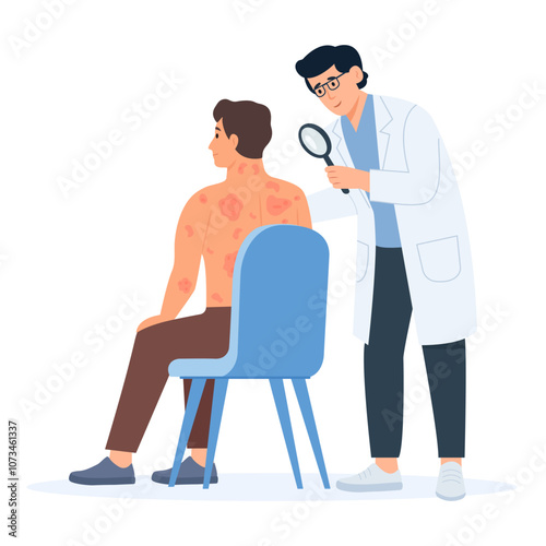 A dermatologist examines a patient with skin disease. Allergic itching, skin inflammation, redness and irritation. Atopic dermatitis, eczema, psoriasis, dry skin. Skin problems